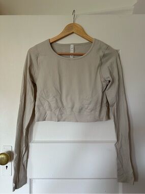 lululemon Ebb to Street Ribbed Long-Sleeve Crop Top - Cream/Taupe - Size 8
